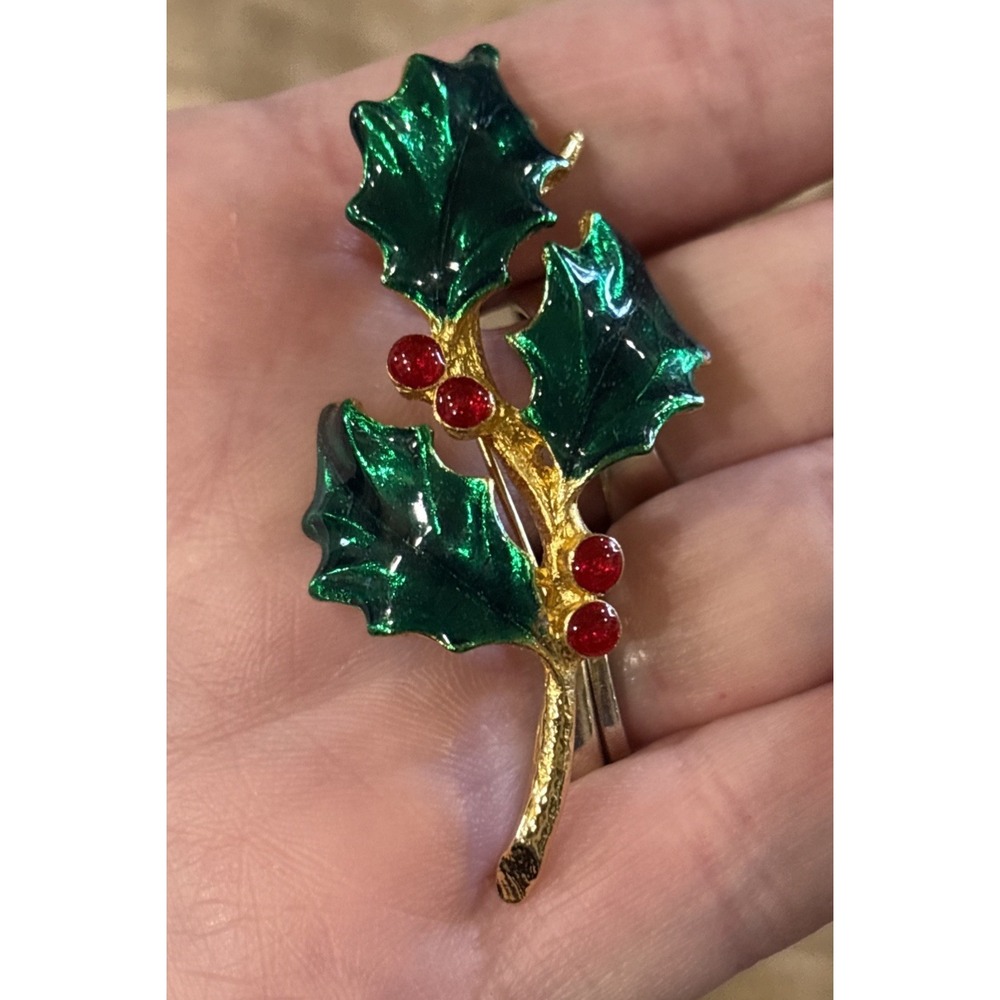 Vintage Christmas Holly Leaf Brooch Red Berry Enamel Gold Tone Holiday